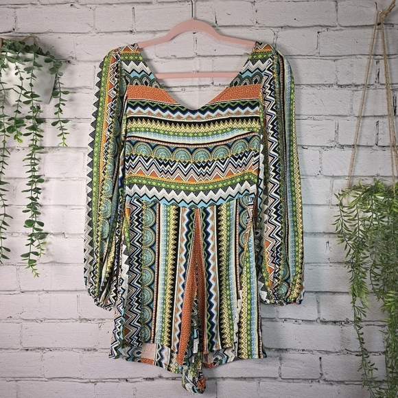 Hot & Delicious Dresses & Skirts - HOT AND DELICIOUS MULTCOLORED V-NECK ROMPER LONG BELL SLEEVE HIPPIE BOHO SMALL